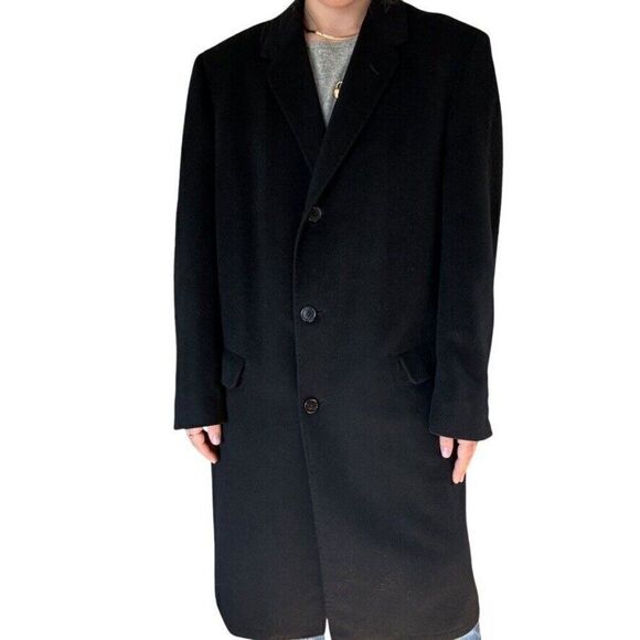 Vintage Mens Black 100% Cashmere Soft Preppy Trench Coat sz 42L - Picture 2 of 12